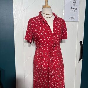 Wednesday’s Girl Red Floral Button Front Midi Dress Cottagecore Romantic Summer